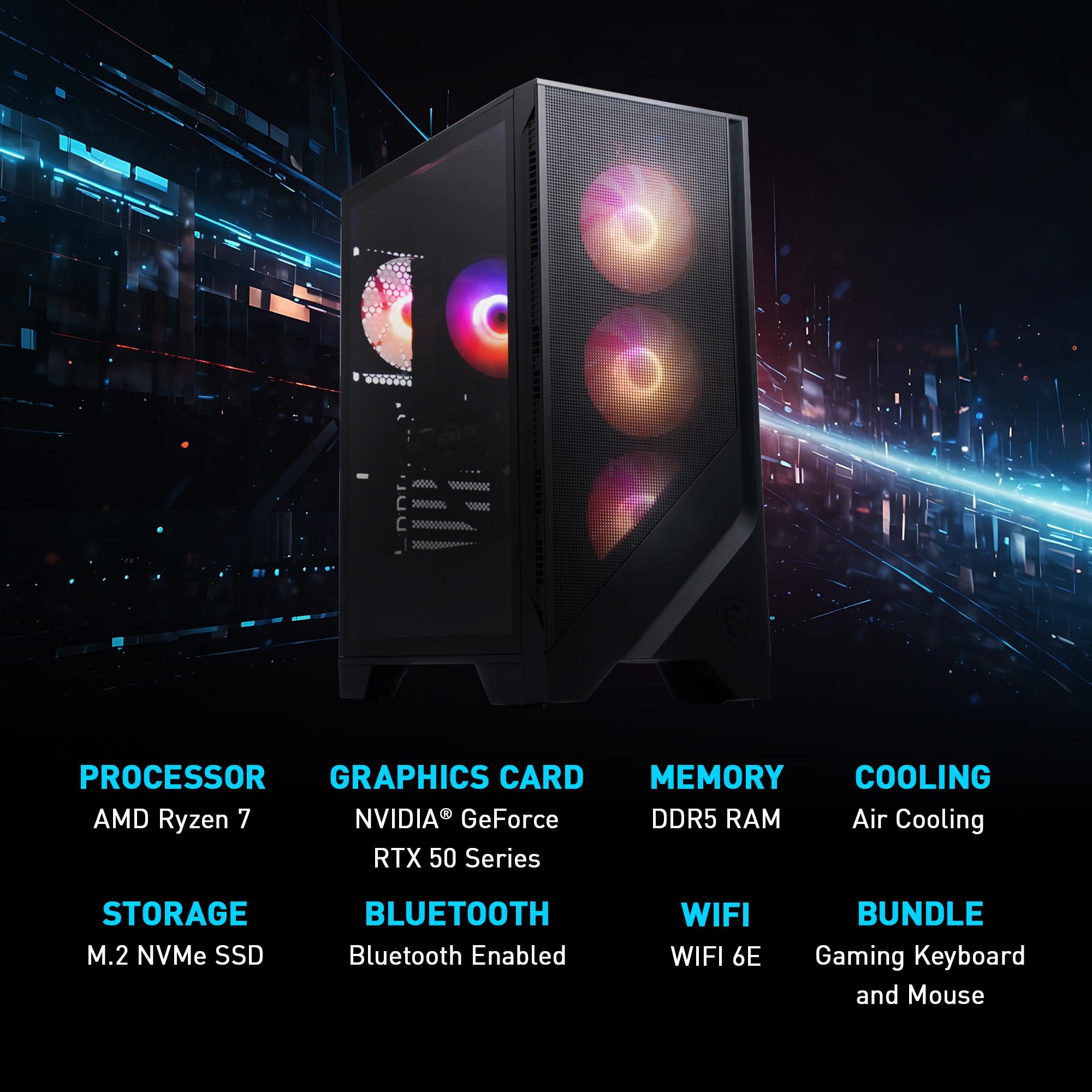 msi Codex Z2 Gaming Desktop: AMD R7-8700F, GeForce RTX 5070, 32GB DDR5, 2TB m.2 NVMe SSD, USB Type-C, VR-Ready, Windows 11 Home : A8NVP-436US